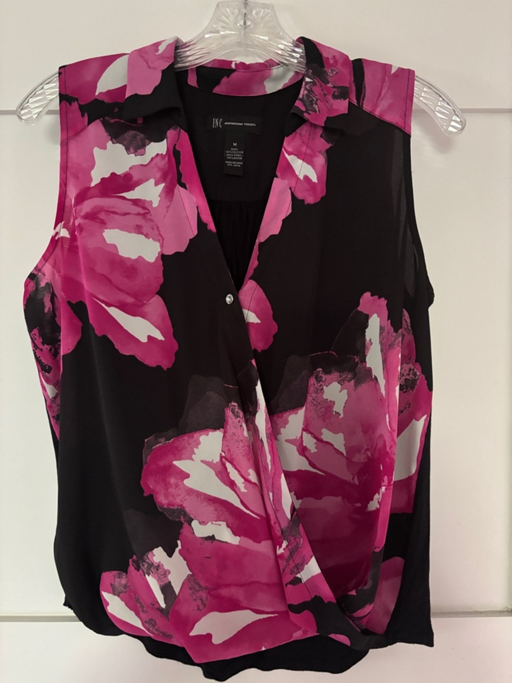 INC International Concepts Black & Pink Floral Draped Sleeveless Top